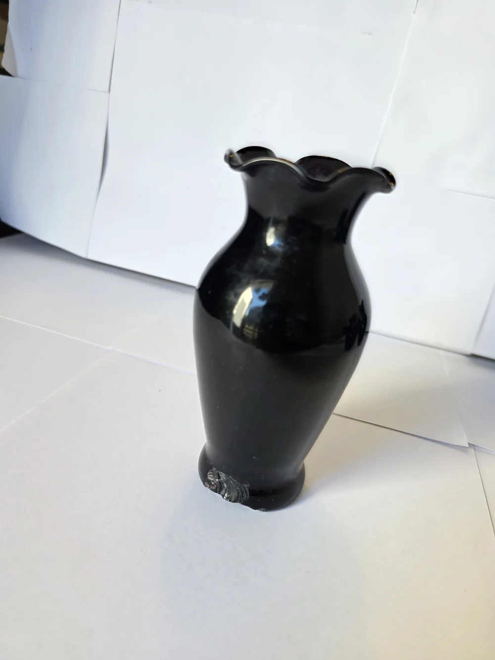 Vintage Black Amethyst Glass Vase Set 3 Ruffled Edge Flower Vases